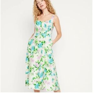 Old Navy Fit and Flaire Linen Blend Multicolor Floral Sleeveless Midi Dress L